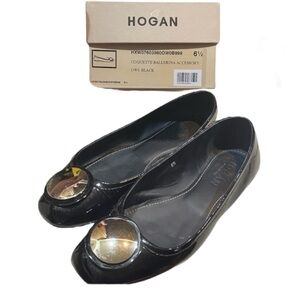 Hogan Black Patton Leather Flats with Silver Ornament Size 6.5